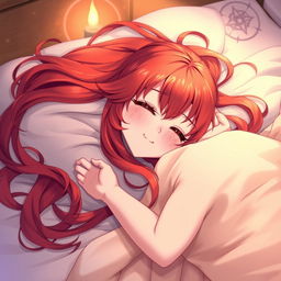 A red-haired anime girl inspired by Hiita the Fire Charmer, lying in bed with a blissful expression