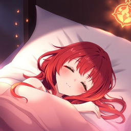 A red-haired anime girl inspired by Hiita the Fire Charmer, lying in bed with a blissful expression