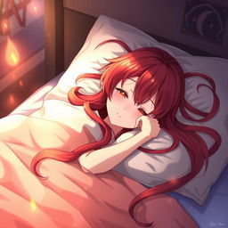 A red-haired anime girl inspired by Hiita the Fire Charmer, lying in bed with a blissful expression