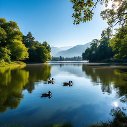 A serene landscape with a tranquil lake surrounded by lush greenery under a clear blue sky