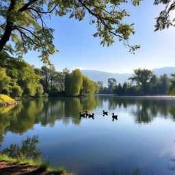 A serene landscape with a tranquil lake surrounded by lush greenery under a clear blue sky