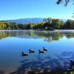 A serene landscape with a tranquil lake surrounded by lush greenery under a clear blue sky