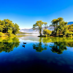 A serene landscape with a tranquil lake surrounded by lush greenery under a clear blue sky