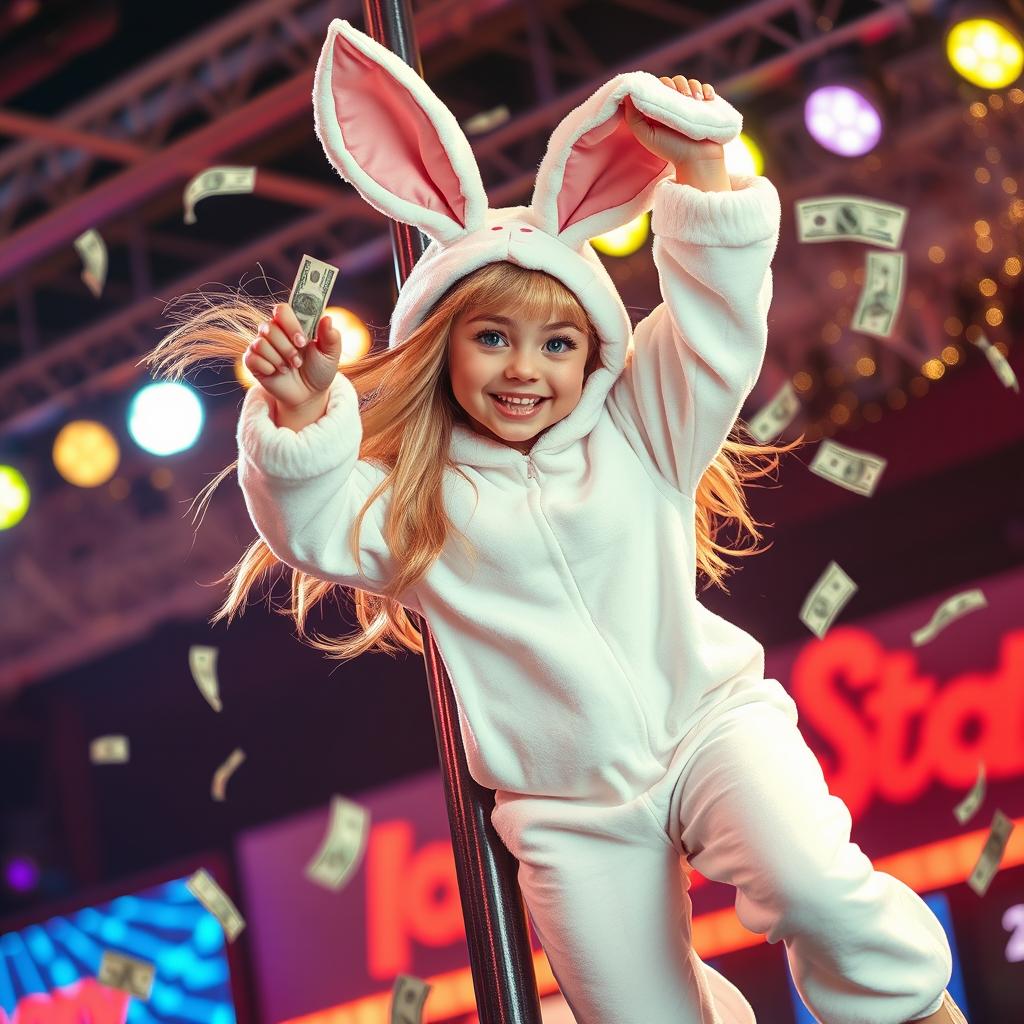 A charming girl in a stylish bunny suit, playfully hanging off a pole