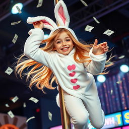 A charming girl in a stylish bunny suit, playfully hanging off a pole