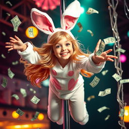 A charming girl in a stylish bunny suit, playfully hanging off a pole