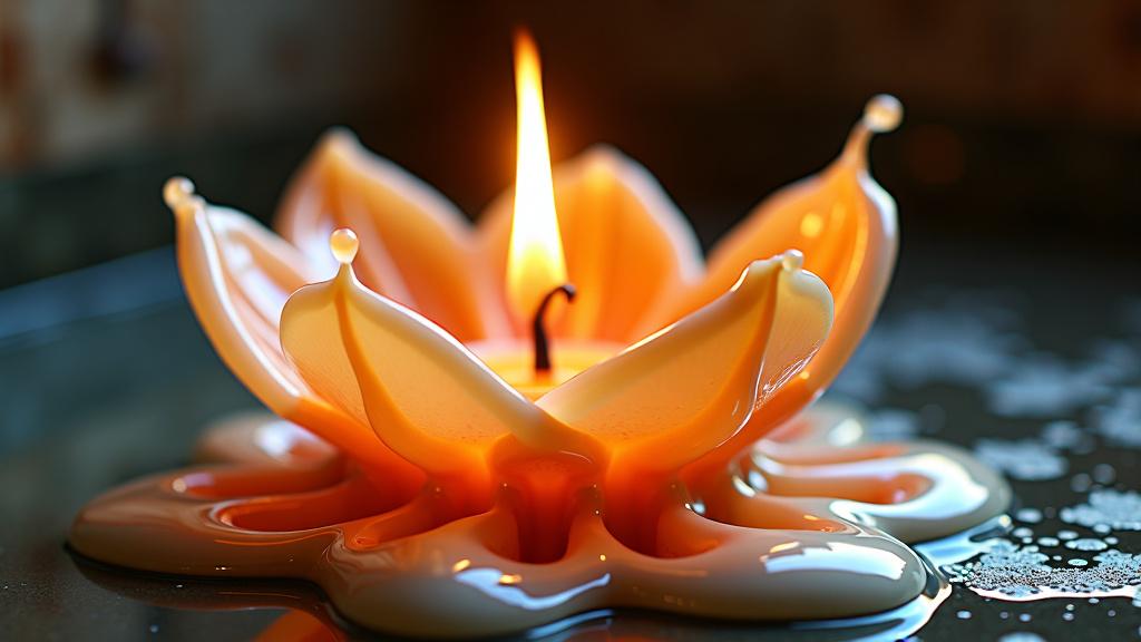 Surreal artwork of a melting candle resembling a flower, symbolizing femininity with graceful wax drips forming abstract patterns