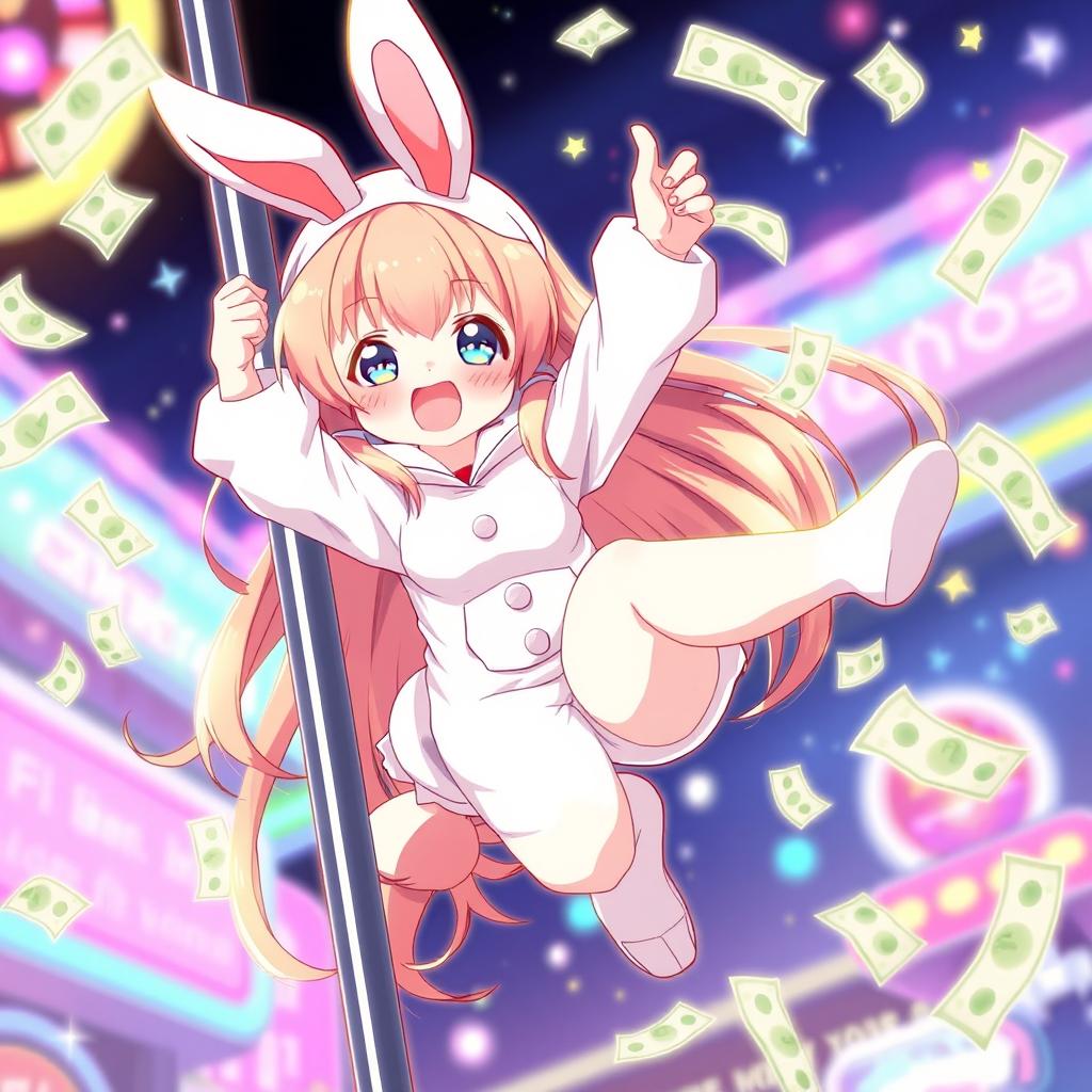 A cute anime girl wearing an adorable bunny suit, hanging off a pole with grace and confidence