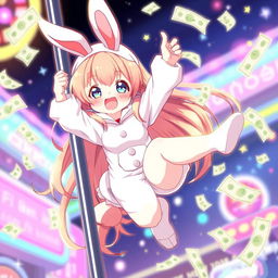 A cute anime girl wearing an adorable bunny suit, hanging off a pole with grace and confidence