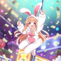 A cute anime girl wearing an adorable bunny suit, hanging off a pole with grace and confidence