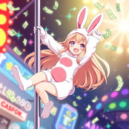 A cute anime girl wearing an adorable bunny suit, hanging off a pole with grace and confidence