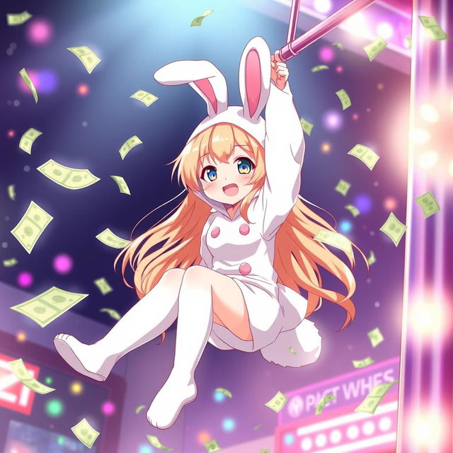 A cute anime girl wearing an adorable bunny suit, hanging off a pole with grace and confidence