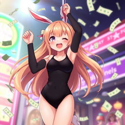 A cute 22-year-old anime girl in a sleek black leotard with charming bunny ears, hanging playfully off a pole