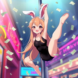 A cute 22-year-old anime girl in a sleek black leotard with charming bunny ears, hanging playfully off a pole