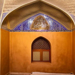 Interior design imbued with Yazd architecture, featuring prominent elements such as decorative plasterwork, intricate glass windows, Persian rugs, and a quaint central courtyard.