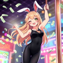 A cute 22-year-old anime girl in a sleek black leotard with charming bunny ears, hanging playfully off a pole