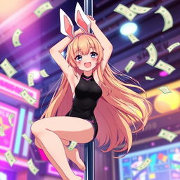 A cute 22-year-old anime girl in a sleek black leotard with charming bunny ears, hanging playfully off a pole