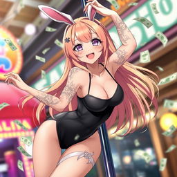 A 22-year-old anime girl in a stylish black leotard with playful bunny ears, gracefully hanging off a pole