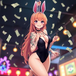 A 22-year-old anime girl in a stylish black leotard with playful bunny ears, gracefully hanging off a pole