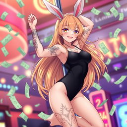 A 22-year-old anime girl in a stylish black leotard with playful bunny ears, gracefully hanging off a pole