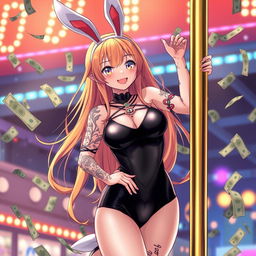 A 22-year-old anime girl in a stylish black leotard with playful bunny ears, gracefully hanging off a pole