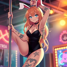 A 22-year-old anime girl in a chic black leotard with adorable bunny ears, confidently hanging off a pole