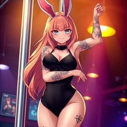 A 22-year-old anime girl in a chic black leotard with adorable bunny ears, confidently hanging off a pole