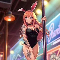 A 22-year-old anime girl in a chic black leotard with adorable bunny ears, confidently hanging off a pole