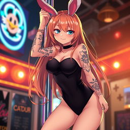 A 22-year-old anime girl in a chic black leotard with adorable bunny ears, confidently hanging off a pole