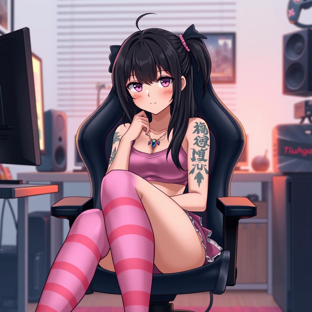 A black-haired anime girl, portrayed as a self-proclaimed "loser", sitting comfortably in a gaming chair in front of a computer