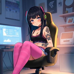 A black-haired anime girl, portrayed as a self-proclaimed "loser", sitting comfortably in a gaming chair in front of a computer