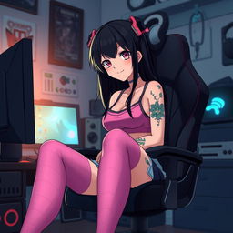 A black-haired anime girl, portrayed as a self-proclaimed "loser", sitting comfortably in a gaming chair in front of a computer