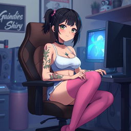 A black-haired anime girl, portrayed as a self-proclaimed "loser", sitting comfortably in a gaming chair in front of a computer