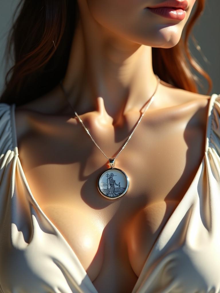 A realistic scene showcasing a woman's form from a 2-meter distance, focusing on the elegant design of a Bazel360 pendant on her chest