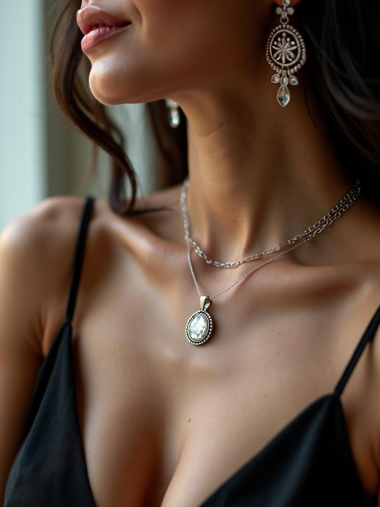 A distant view capturing the elegant profile of a woman adorned with a Bazel360 pendant, featuring a 3cm round silver frame with intricate detailing