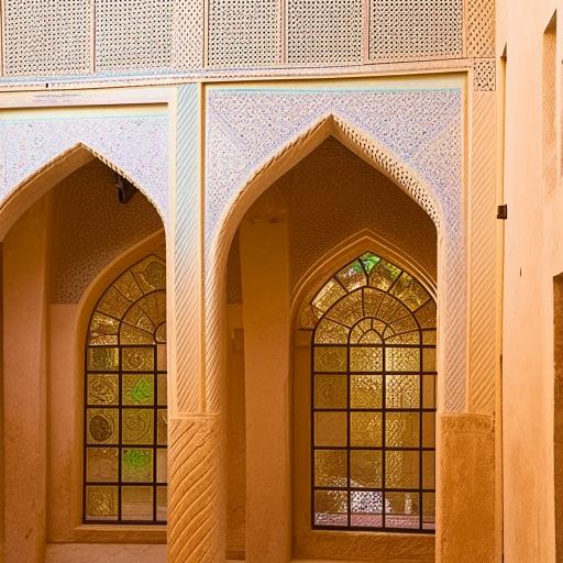 Interior design imbued with Yazd architecture, featuring prominent elements such as decorative plasterwork, intricate glass windows, Persian rugs, and a quaint central courtyard.