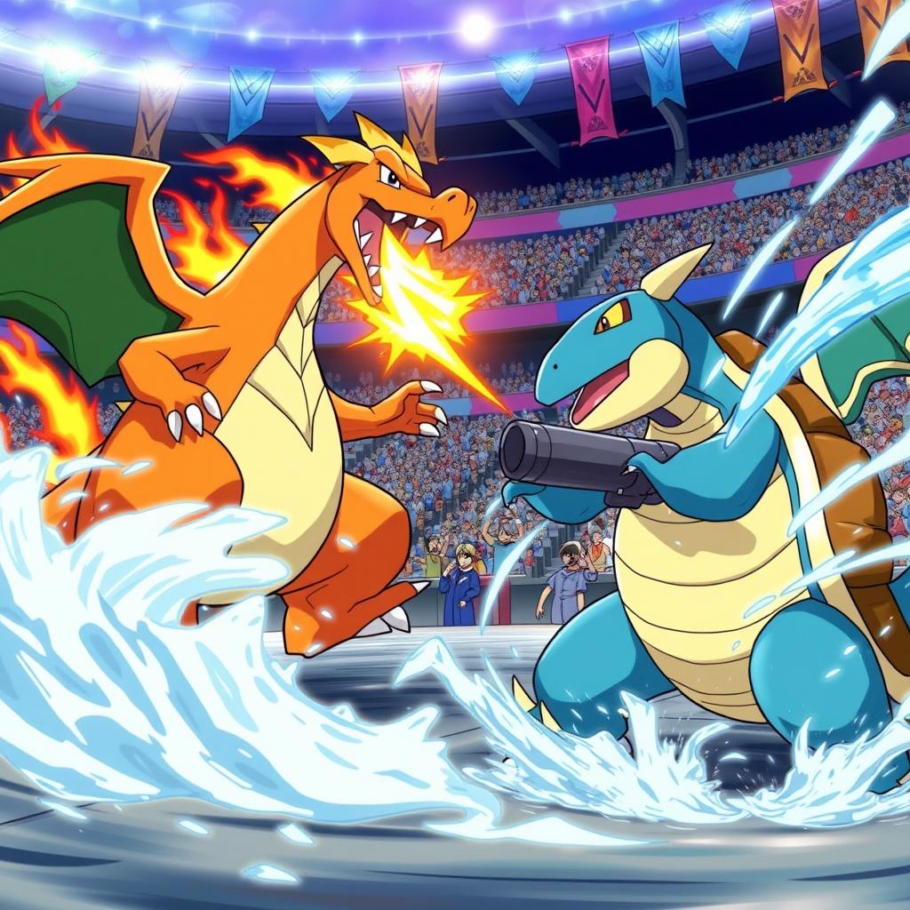 A dynamic battle scene featuring Charizard and Blastoise in an epic encounter at the Kanto League