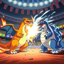 A dynamic battle scene featuring Charizard and Blastoise in an epic encounter at the Kanto League