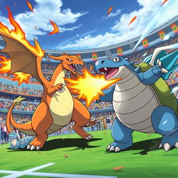 A dynamic battle scene featuring Charizard and Blastoise in an epic encounter at the Kanto League