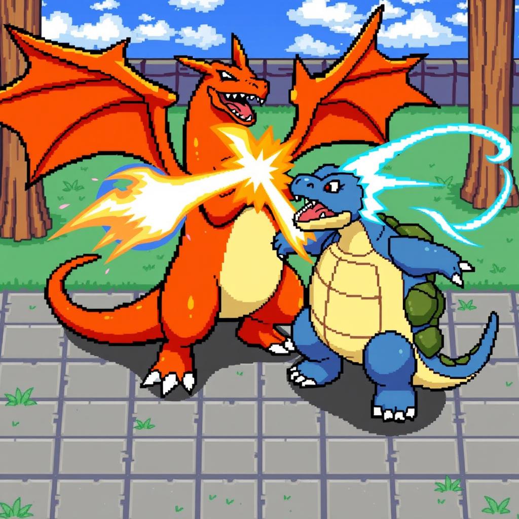 A thrilling battle scene between Charizard and Blastoise as depicted in the Pokémon Fire Red game