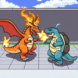 A thrilling battle scene between Charizard and Blastoise as depicted in the Pokémon Fire Red game