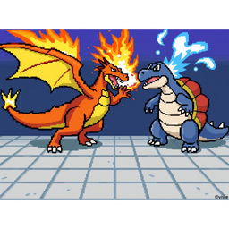 A thrilling battle scene between Charizard and Blastoise as depicted in the Pokémon Fire Red game