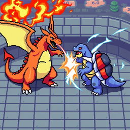 A thrilling battle scene between Charizard and Blastoise as depicted in the Pokémon Fire Red game