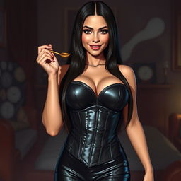 A realistic depiction of a sexy 21-year-old Latina woman with a pretty face and straight long dark brown hair