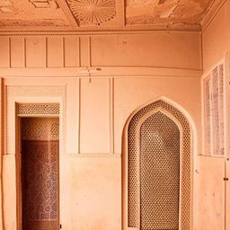 Interior design imbued with Yazd architecture, featuring prominent elements such as decorative plasterwork, intricate glass windows, Persian rugs, and a quaint central courtyard.