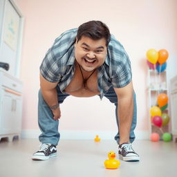 A chubby man bending over in a humorous and playful manner, wearing casual attire that accentuates his cheerful personality