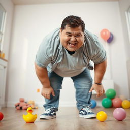 A chubby man bending over in a humorous and playful manner, wearing casual attire that accentuates his cheerful personality