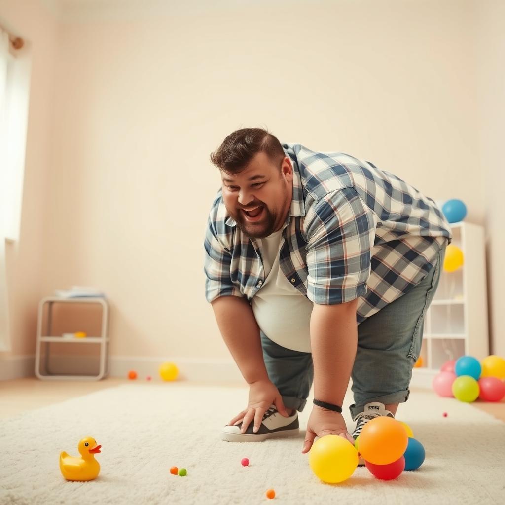 A chubby man bending over in a humorous and playful manner, wearing casual attire that accentuates his cheerful personality