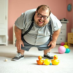 A chubby man bending over in a humorous and playful manner, wearing casual attire that accentuates his cheerful personality