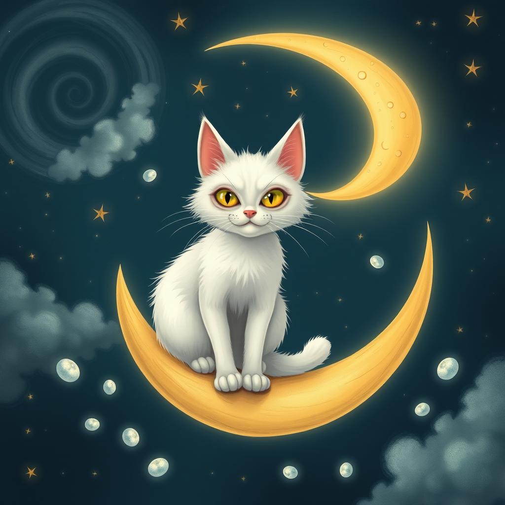A whimsical, white lunatic cat with wild, playful eyes sitting on a crescent moon